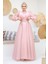 Tokalı Kemerli Pembe Tesettür Abiye Elbise 45295P 3