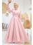 Tokalı Kemerli Pembe Tesettür Abiye Elbise 45295P 4