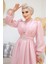 Tokalı Kemerli Pembe Tesettür Abiye Elbise 45295P 5