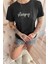 Siyah Sleepy Desenli Kısa Kollu Şortlu Örme Kadın Pijama Takımı 5