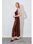 Kadın Kahve Degaje Yaka Saten Uzun Elbise 2
