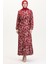 Desenli Kuşaklı Viskon Elbise 0011-05 Bordo 1