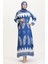Desenli Kuşaklı Viskon Elbise 0019-05 Indigo Bej 2