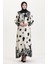Desenli Kuşaklı Viskon Elbise 0018-05 Krem Siyah 1