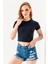Kadın Bisiklet Yaka Pamuklu Basic Crop T-Shirt Lacivert – MS0000102 3