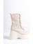 Krem Cilt Yandan Fermuarlı Bağcıklı Yüksek Dolgu Topuklu Mevsimlik Kadın Uzun Bot Bootie 4
