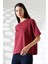 Pamuk Ribana Kumaş Bisiklet Yaka Kısa Kol Oversize Basic Düz Kadın T-Shirt 21964 Bordo 1