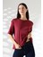 Pamuk Ribana Kumaş Bisiklet Yaka Kısa Kol Oversize Basic Düz Kadın T-Shirt 21964 Bordo 2