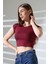 Düşük Kol Fitted Vücuda Oturan Bisiklet Yaka Kadın Basic Crop T-Shirt 21932 Bordo 3