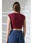 Düşük Kol Fitted Vücuda Oturan Bisiklet Yaka Kadın Basic Crop T-Shirt 21932 Bordo 4