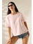 Pamuk Ribana Kumaş Bisiklet Yaka Kısa Kol Oversize Basic Düz Kadın T-Shirt 21964 Pudra 1