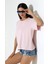 Pamuk Ribana Kumaş Bisiklet Yaka Kısa Kol Oversize Basic Düz Kadın T-Shirt 21964 Pudra 3