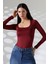 Kare Yaka Uzun Kollu Altı Külotlu ve Çıt Çıtlı Kadın Atlet - T-Shirt 21940 Bordo 1