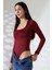 Kare Yaka Uzun Kollu Altı Külotlu ve Çıt Çıtlı Kadın Atlet - T-Shirt 21940 Bordo 3