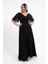 Kadın Siyah V Yaka Taşlı Büyük Beden Uzun Şifon Abiye Elbise 2