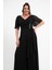 Kadın Siyah V Yaka Taşlı Büyük Beden Uzun Şifon Abiye Elbise 3