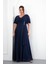 Kadın Lacivert V Yaka Taşlı Büyük Beden Uzun Şifon Abiye Elbise 2