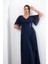 Kadın Lacivert V Yaka Taşlı Büyük Beden Uzun Şifon Abiye Elbise 3