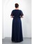 Kadın Lacivert V Yaka Taşlı Büyük Beden Uzun Şifon Abiye Elbise 5
