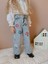 Kız Çocuk Papatya Nakışlı Mavi Bol Paça Jeans Pantolon 2