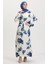 Desenli Kuşaklı Viskon Elbise 0022-02 Krem Petrol 2