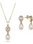 14 Ayar Altın 8 mm Oval Baget Taşlı Doğal İnci Sallantı Küpe Kolye İkili Set 1