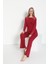 Kadın Uzun Kol Bisiklet Yaka Dantelli Viskon Bordo Pijama Takımı C8T3N5O-048 4