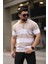 Bej Yarım Fermuarlı Polo Yaka Çizgili Triko T-Shirt 1