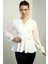 Kadın Kruvaze Yaka Şifon Kollu Çiçek Detaylı Likralı Bluz 2