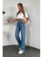 Butikyüksek Bel Taşlı Geniş Paça Mavi Jean Pantolon 4