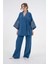 Kadın Indigo Kolları Payet Pul Nakışlı Keten Kimono Ceket ve Pantolon Alt/üst Takım 21061 4