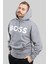 Logolu Baskılı Kapüşonlu Erkek Beyaz Sweatshirt Gri 1