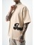 Erkek Imagined Nakışlı Yarım Fermuarlı Oversize T-Shirt Bej 4