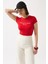 Baskılı Likralı Crop Kırmızı T-Shirt 3
