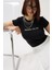 Baskılı Likralı Crop Siyah T-Shirt 1