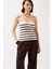 Çizgili Straplez Dokulu Beyaz Kahverengi Bluz 3