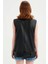 Kadın Siyah Deri Biker Oversize Yelek 4
