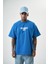 Erkek One Baskılı Oversize T-Shirt Mavi 1