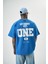 Erkek One Baskılı Oversize T-Shirt Mavi 3