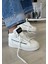 Beyaz Suni Deri Siyah Detaylı Bağcıklı Sneaker Kadın Ayakkabı 2