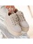 Bej Suni Deri Bağcıklı Kadın Sneaker Ayakkabı 4