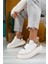 Beyaz Suni Deri Bağcıklı Kadın Sneaker Ayakkabı 1