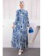 Lacivert Desenli Eteği Katlı Viscon Elbise 1
