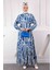 Lacivert Desenli Eteği Katlı Viscon Elbise 2