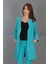 Sıfır Yaka Düz Uzun Ceket-Turkuaz 2