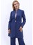 Kendinden Dik Yakalı Tek Düğmeli Uzun Ceket-Indigo 2