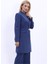 Kendinden Dik Yakalı Tek Düğmeli Uzun Ceket-Indigo 5