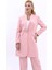 Kendinden Dik Yakalı Tek Düğmeli Uzun Ceket-Pudra 2
