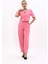 V Yaka Kısa Ceket & Paçası Pileli Pantolon-Pembe 4