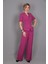 Tokalı Kısa Kollu Ceket & Yüksek Bel Bol Paça Pantolon Takım-Fuşya 1